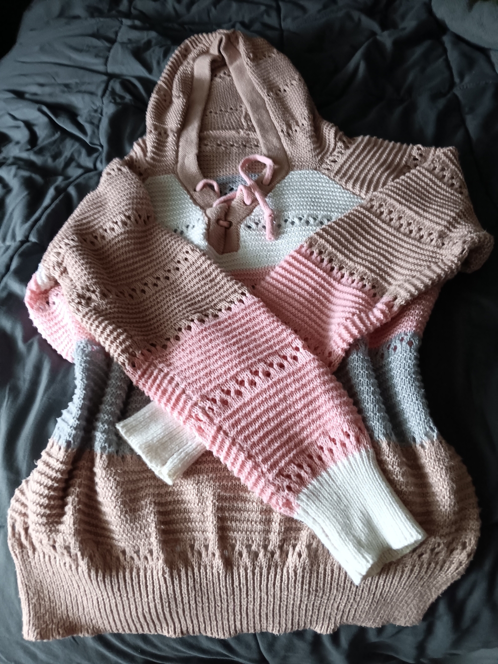 & Other Stories Striped Knit Hooded Sweater in Blush Pink, Light Gray and Cream
